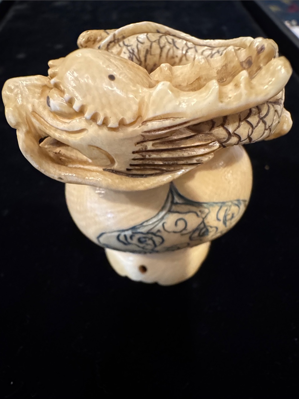 Faux Ivory (Bone?) Curled Dragon Resting Atop an Urn w/ Etched Cloud Patterns.